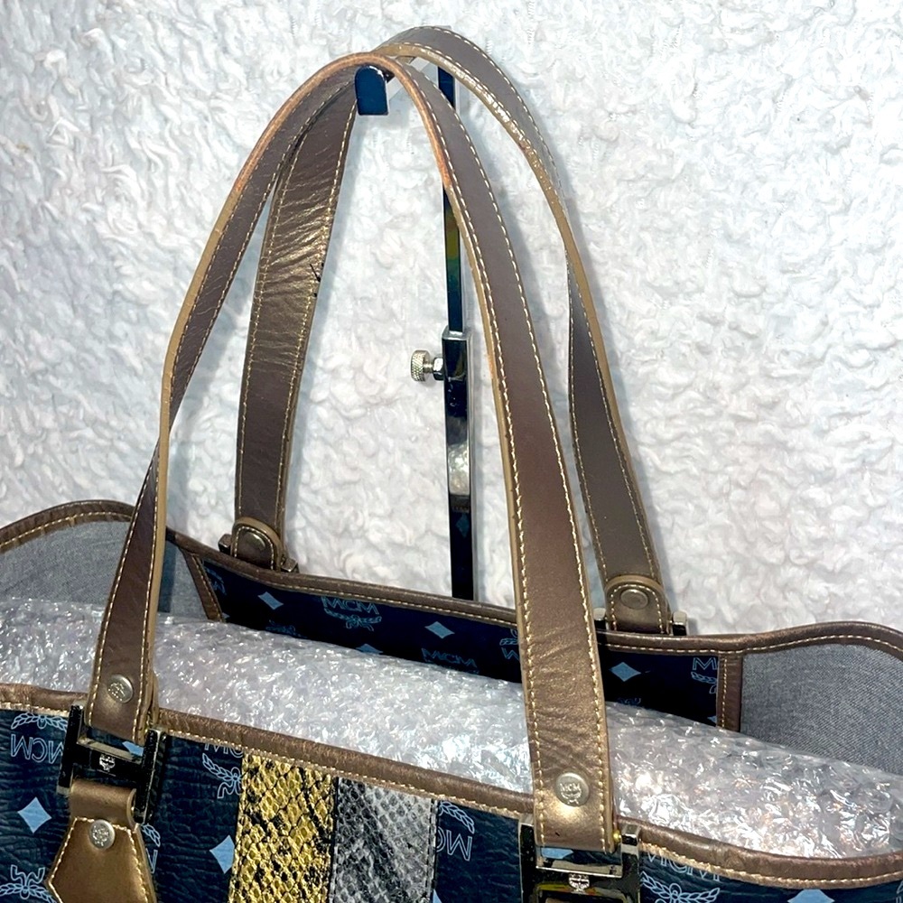 MCM Visetos Monogram Princess Lion Snakeskin Stripe Shoulder Bag Tote in Black - Picture 5 of 16